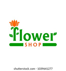 Vector logo for flower shop. Emblem with orange tulip. Business sign for florist, flower store or symbol of cosmetic company. Floral label. Icon for site.