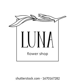 Vector logo for a flower shop. Emblem for flower and plant shop "Luna". Vector monochrome logo isolated on white.