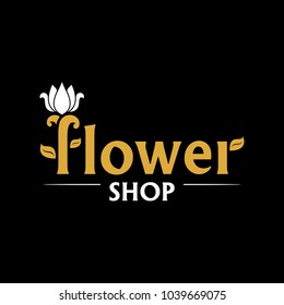 Vector logo for flower shop. Gold emblem with white tulip on black background. Icon for florist, flower store or symbol of cosmetic company. Floral label. Icon for web.