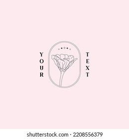 Vector logo flower Zinnia elegans with stars and frame for branding identity