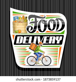 Logotipo vectorial para la entrega de comida, signo decorativo blanco con ilustración de hombres en bicicleta con caja de reparto, bolsa de papel con comestibles, manzana y naranja, letras únicas para la entrega de comida de palabras.
