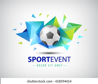 Vector logo football, championships soccer. isolated. Football ball on colorful faceted origami abstract background. Icon, logo, composition, illustration