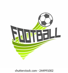 Vector logo for football soccer club composition, consisting of black and white soccer ball and green ribbons on white background