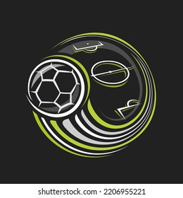 Logo vectorial para el deporte de fútbol, emblema moderno aislado con ilustración del fútbol volador sobre el campo de fútbol, insignia decorativa del deporte de línea para el club de fútbol sobre fondo oscuro