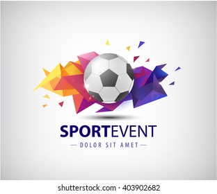 vector logo for football teams and tournaments, championships soccer. isolated. Football ball on colorful faceted origami abstract background. Icon, logo, composition, illustration