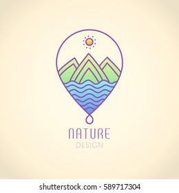 Vector logo in the form of droplets on vintage background. Linear icon of landscape - mountains, river. Business emblems, badge for a travel, ecology and climate concepts, spa, health and yoga Center.