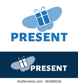 Vector logo in the form of a gift and butterflies. Perfect logo for a gift shop. Brand logo. Blue style