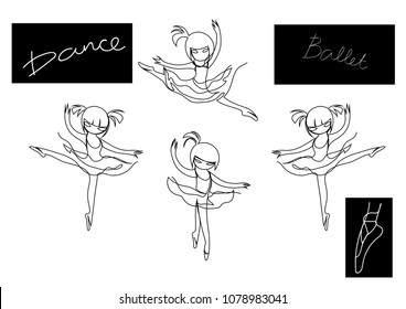 Vector logo four girls ballet dancers dancing in ballet dresses black outline continuous line on white background isolate letter ballet and dance