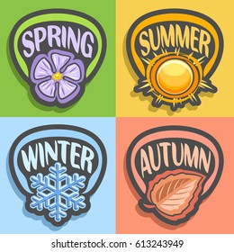 Vector logo Four Seasons: spring - flower on green, summer - hot sun on yellow, autumn - fall leaf on red, winter - cold snowflake on blue, abstract icons all 4 seasons, backgrounds pastel colors.
