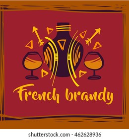 Vector logo with freehand drawn wineglass and bottle with real french brandy. Illustration for menu bar, cafe, restaurant.