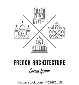Vector logo French architecture. Hipster emblem, label or banner for travel and France. Line sign with elements. Concept brand.