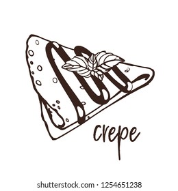 Vector logo for French crepe pastry, triangle Suzette with chocolate dessert with mint. Line drawing Fried thin pancakes with chocolate sauce.