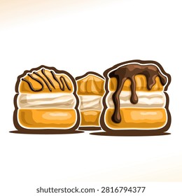 Vector logo for french Profiteroles, 3 puff cakes for cafe menu, poster with choux pastry with soft custard cream, confectionery with chocolate ganache