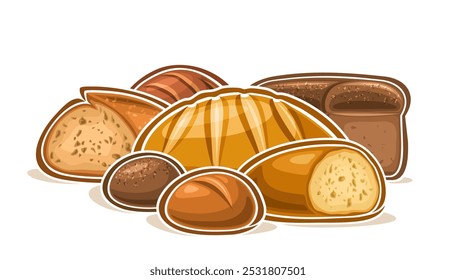 Logotipo de Vector para Fresh Bakery, cartel Horizontal con diseño de dibujos animados natural panadería composición, tablero de la muestra decorativa con el grupo de la mitad y toda la panadería del granjero vida muerta en el fondo blanco