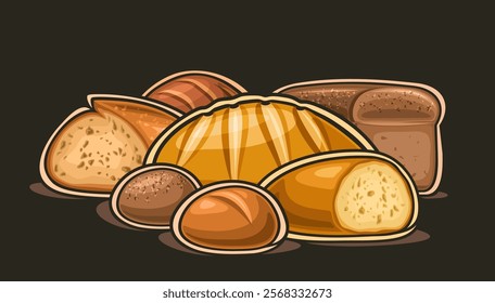 Vector logo for Fresh Bakery, horizontal poster with cartoon design traditional bakery composition, decorative sign board with group of half and whole farm bakery still life on dark background