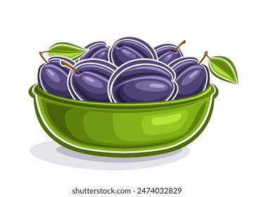 Vector logo for Fresh Plums, decorative horizontal poster with isolated illustration of plum composition with leaves on stem, cartoon design print with juicy plums in green plate on white background