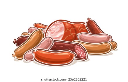 Vector logo for Fresh Sausages, horizontal poster with cartoon design raw natural sausage composition, decorative sign board with group of farmer diverse sausage still life on white background