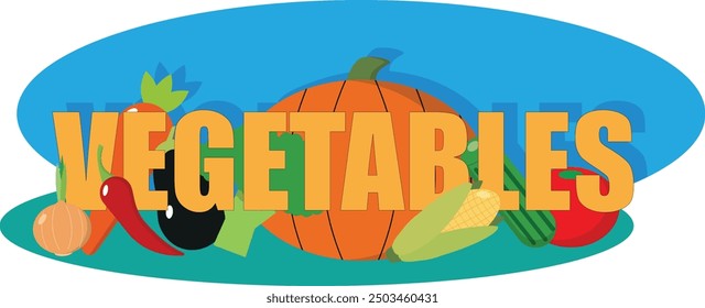 Vector logo for fresh vegetables: label with cucumber, tomato, pumpkin, eggplant, carrot, corn, onion, broccoli with cartoon style
