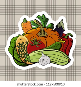Vector logo for fresh Vegetables on textile background. Mix for vegan nutrition.