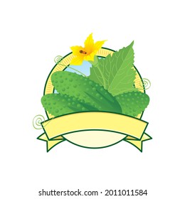 Vector logo for fresh vegetables: a sign with raw cucumbers, a flower and a bee, a vegetable mix for vegetarian food, a label for vegetables