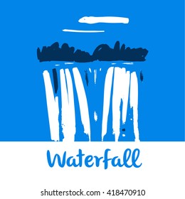 Vector logo for fresh  water company. Hand drawn illustration blue waterfall and cloud on white background