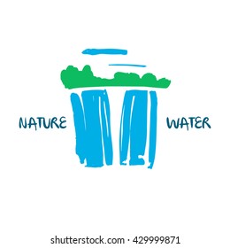 Vector logo for fresh  water company. Hand drawn abstract illustration green tree, blue waterfall,  and cloud on white background