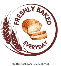 Um logotipo vetorial de "Freshly Baked Everyday" com uma cesta de vários tipos de pão, destacando produtos de padaria frescos. Perfeito para marca de padaria, embalagem ou publicidade.