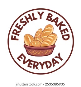 Ein Vektorlogo von "Frisch gebacken jeden Tag" mit einem Korb aus verschiedenen Arten von Brot, Hervorhebung frischer Backwaren. Perfekt für Bäckereimarken, Verpackungen oder Werbung.