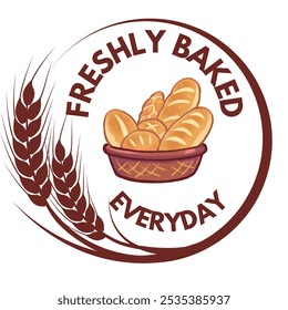 Ein Vektorlogo von "Frisch gebacken jeden Tag" mit einem Korb aus verschiedenen Arten von Brot, Hervorhebung frischer Backwaren. Perfekt für Bäckereimarken, Verpackungen oder Werbung.