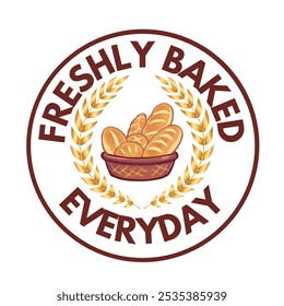 Ein Vektorlogo von "Frisch gebacken jeden Tag" mit einem Korb aus verschiedenen Arten von Brot, Hervorhebung frischer Backwaren. Perfekt für Bäckereimarken, Verpackungen oder Werbung.