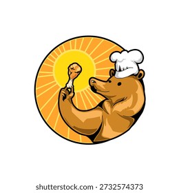 Vector logo of fried chicken with a bear character wearing a chef's hat as the mascot, the bear holding a fried chicken, with an orange background, the chicken thigh appearing to shine yellow