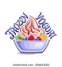 Vector logo for Frozen Yogurt, decorative label with illustration of spiral strawberry ice cream with fresh fruits in blue dish, unique lettering for purple words frozen yogurt on white background