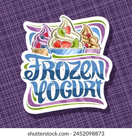 Vector logo for Frozen Yogurt, decorative cut paper signboard with illustration of three variety colorful ice creams with fresh fruits slices in carton tubs and text frozen yogurt on purple background