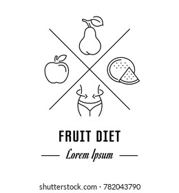 Vector logo fruit diet. Hipster emblem, label or banner for fruit diet. Line sign with elements. Concept brand.