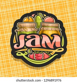 Vector logo for fruit Jam, black tag with 2 home made glass jars covered checkered cloth and tied bow, fresh cartoon fruits and berries, brush lettering for word jam and decorative colorful flourishes