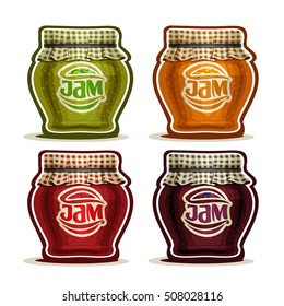 Vector logo Fruit Jam in glass Pot with checkered cloth cover lid tied rope, rustic pot home made strawberry jams, set homemade fruit jam jars, farm orange dessert in jar with label, isolated on white