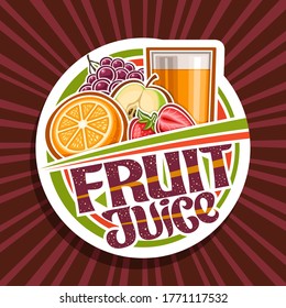 Logotipo vectorial para Jugo de Fruta, etiqueta decorativa de papel cortado con ilustración de bebida en vidrio, medio naranja, fresas, manzana y uva, concepto multifrutal con inscripción única para el jugo de frutas palabras.