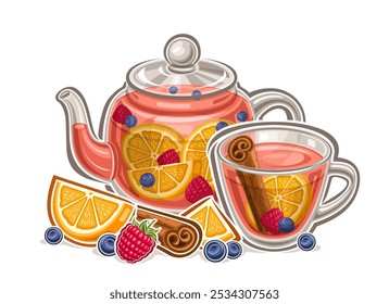 Vector logo for Fruit Tea Drink, horizontal poster with cartoon design traditional rose tea composition, decorative placard with fresh fruit tea in teapot and transparent teacup on white background