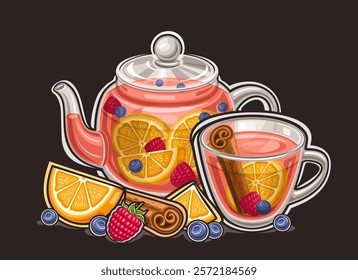 Vector logo for Fruit Tea Drink, horizontal poster with cartoon design traditional rose tea composition, decorative card with fresh fruit tea in glass teapot and transparent teacup on black background