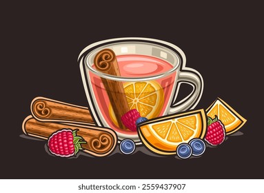 Vector logo for Fruit Tea, horizontal poster with cartoon design traditional tea composition, decorative chalkboard with pink delicious tea in transparent cup and fruit still life on black background