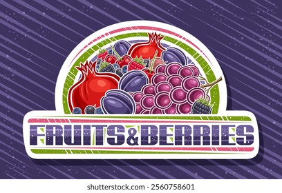 Vector logo for Fruits and Berries, white decorative sign board with cartoon design red and purple juicy fruit composition, cut paper tag with blue text fruits and berries on dark striped background