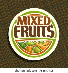 Vector logo for Fruits, sign with set of watermelon, green apple, sour lime, tropical banana fruit, sweet melon, fresh pear and ripe orange, veg mix label with title text mixed fruits for vegan store.