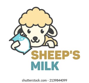 Vector Logo of сute funny sheep holding a jug of milk. Modern humorous logo template with image of the lamb. Farm dairy products emblem. Can be use for advertising farm, market.