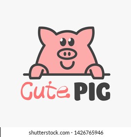 Vector Logo of сute funny smiling cartoon pig. Modern humorous logo template with image of the pork.  Butchery logo. Can be use for advertising farm, market, butcher shop. 