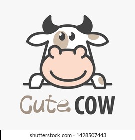 Vector Logo of сute funny smiling cartoon cow. Modern humorous logo template with image of the bull. Butchery logo. Can be use for advertising farm, market, butcher shop. 