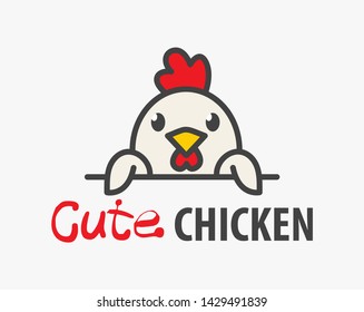 Vector Logo of сute funny smiling cartoon chicken. Modern humorous logo template with image of the rooster. Poultry farm logo. Can be use for advertising farm, market, gastronome.