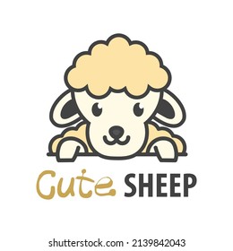 Vector Logo of сute funny smiling cartoon sheep. Modern humorous logo template with image of the lamb. Butchery logo. Can be use for advertising farm, market, butcher shop. 