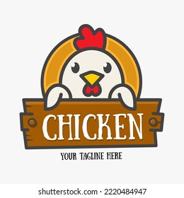 Vector Logo of сute funny smiling cartoon chicken. Modern humorous logo template with image of the rooster. Poultry farm logo. Can be use for advertising farm, market, gastronome.