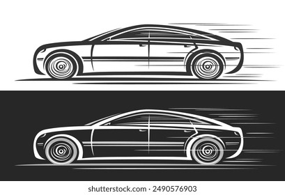 Vector logo for Futuristic Car, automotive decorative banners with clip art illustration of modern concept car in moving, line art running monochrome elegant fastback car on black and white background