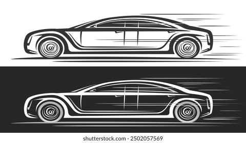 Vector logo for Futuristic Limo Car, automotive decorative banners with artwork illustration of modern limo concept car in moving, clip art running monochrome limo car on black and white background